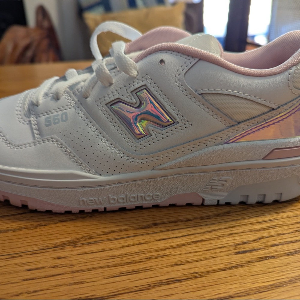 New Balance Kids 550 White with Pink and Iridescent Accents